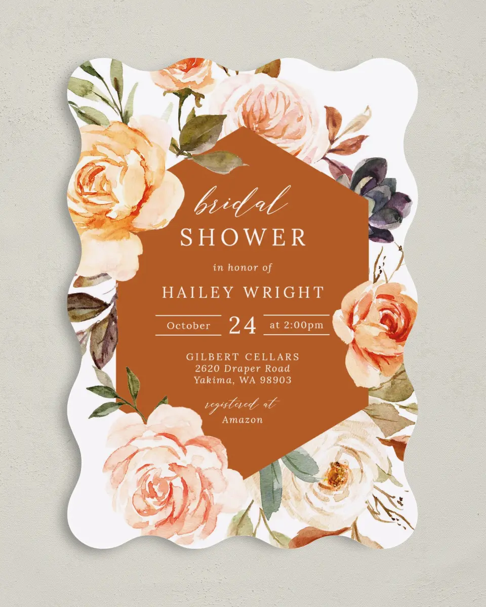 This is a 5" x 7" Bridal Shower Invitation called Floral Fantasy printed in full color on Premium Smooth paper
