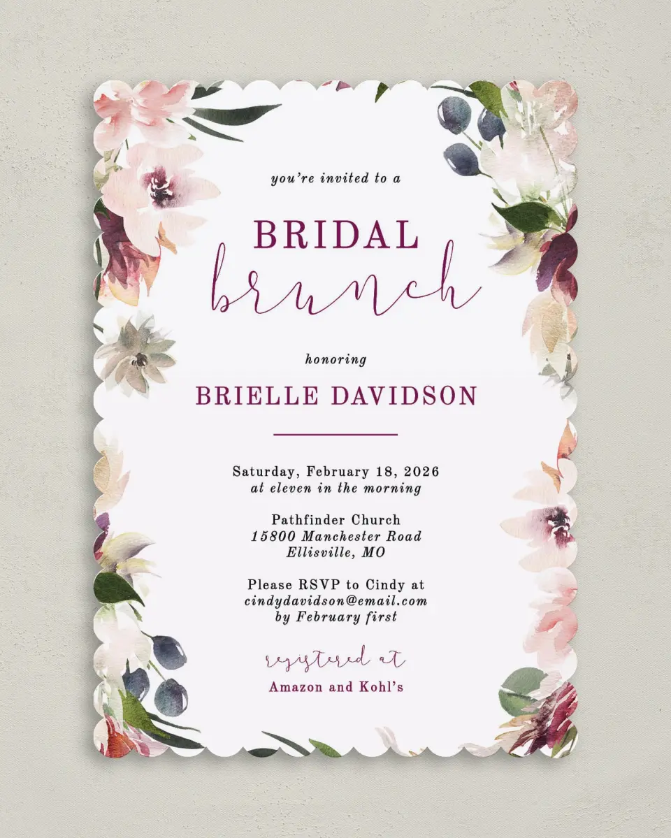 This is a 5" x 7" Bridal Shower Invitation called Floral Brunch printed in full color with Rose Gold foil on Luxe Satin (coated) paper