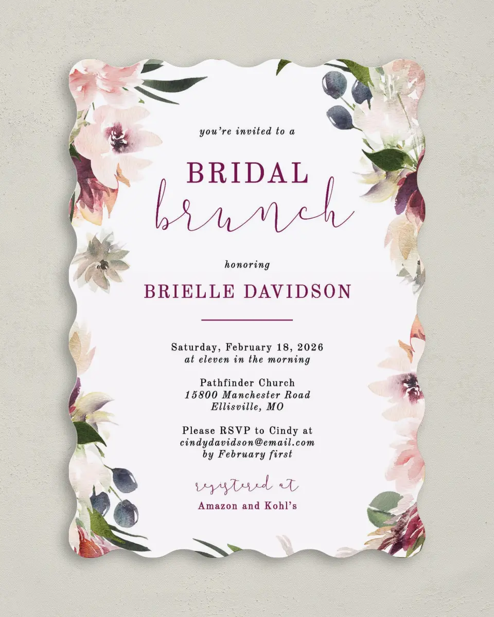 This is a 5" x 7" Bridal Shower Invitation called Floral Brunch printed in full color on Premium Smooth paper