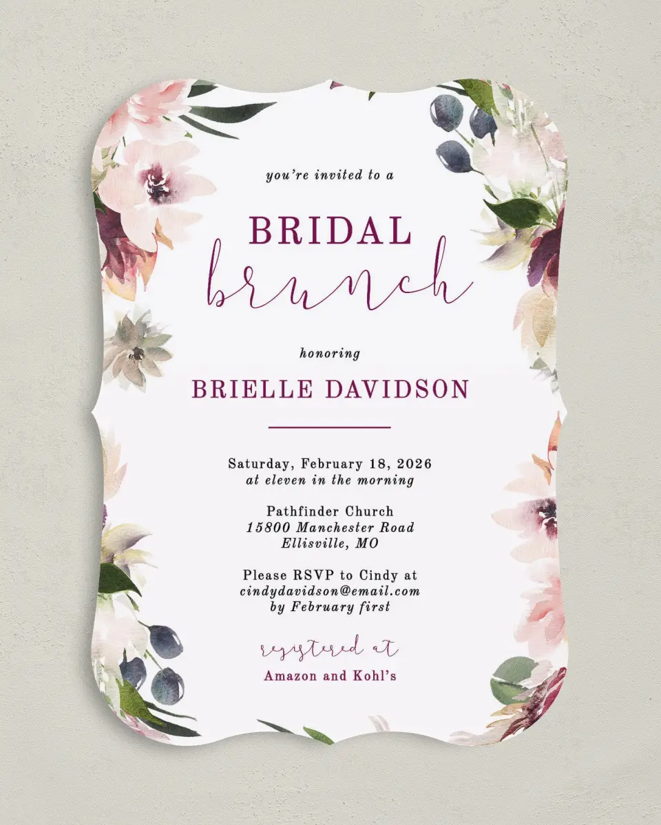 This is a 5" x 7" Bridal Shower Invitation called Floral Brunch printed in full color on Premium Smooth paper