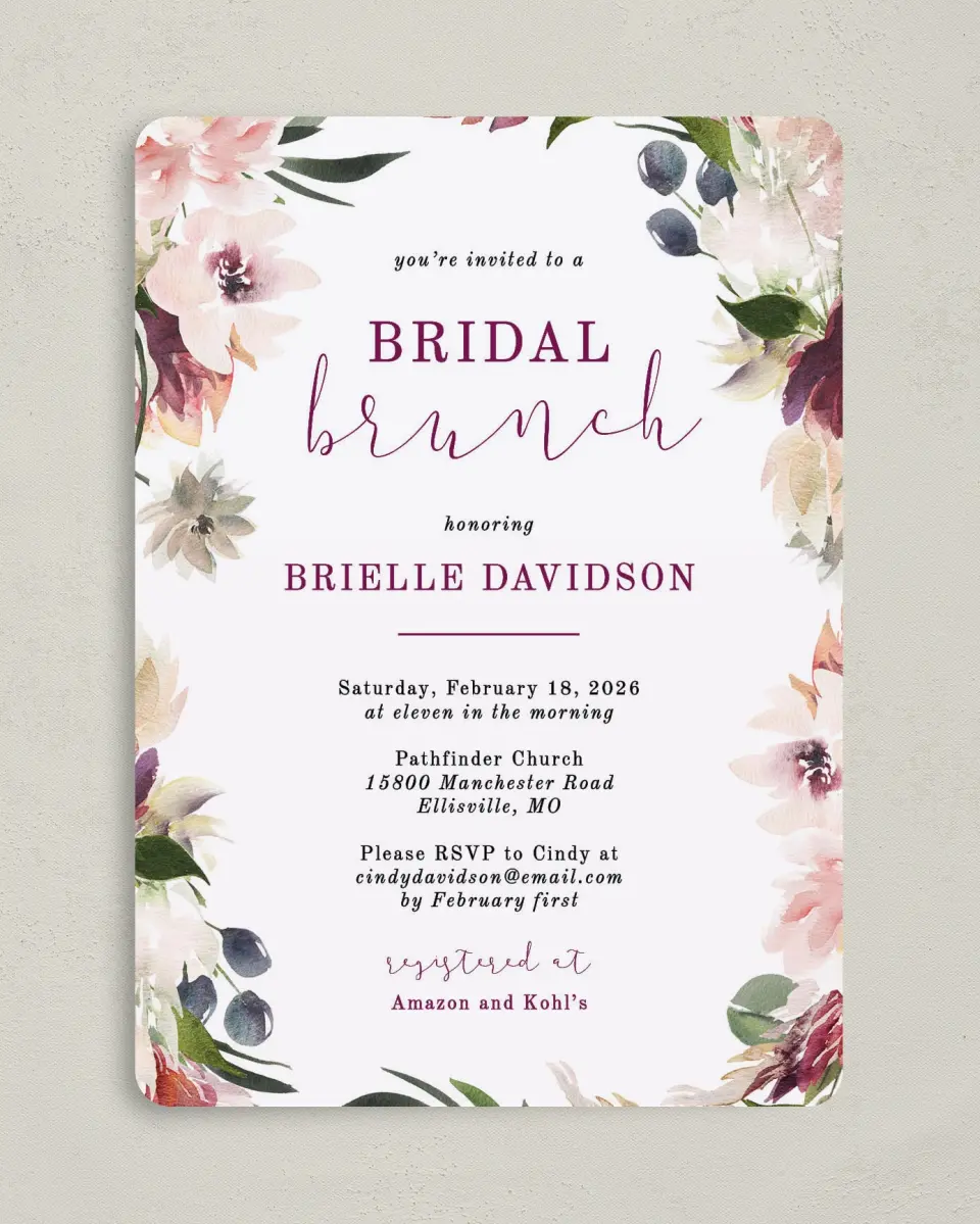 This is a 5" x 7" Bridal Shower Invitation called Floral Brunch printed in full color on Premium Smooth paper