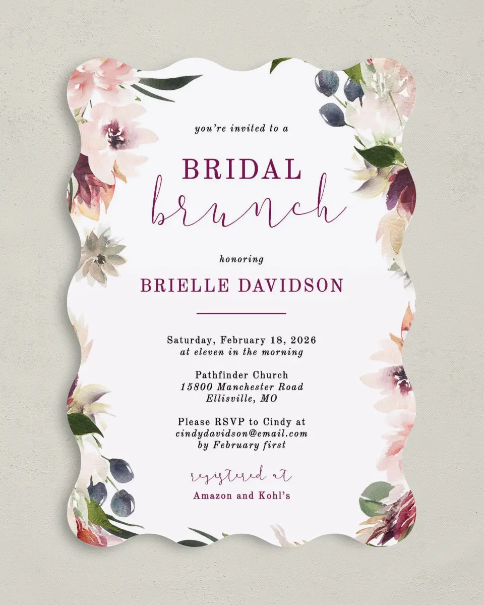 This is a 5" x 7" Bridal Shower Invitation called Floral Brunch printed in full color with Gold foil on Luxe Satin (coated) paper