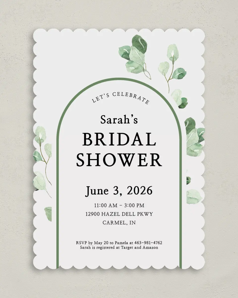 This is a 5" x 7" Bridal Shower Invitation called Mod Greenery printed in full color on Premium Smooth paper