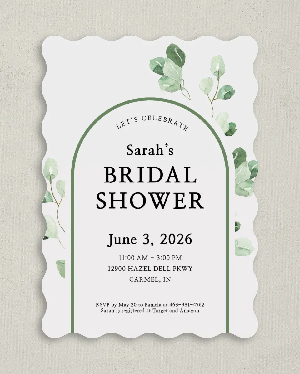 This is a 5" x 7" Bridal Shower Invitation called Mod Greenery printed in full color with Rose Gold foil on Luxe Satin (coated) paper