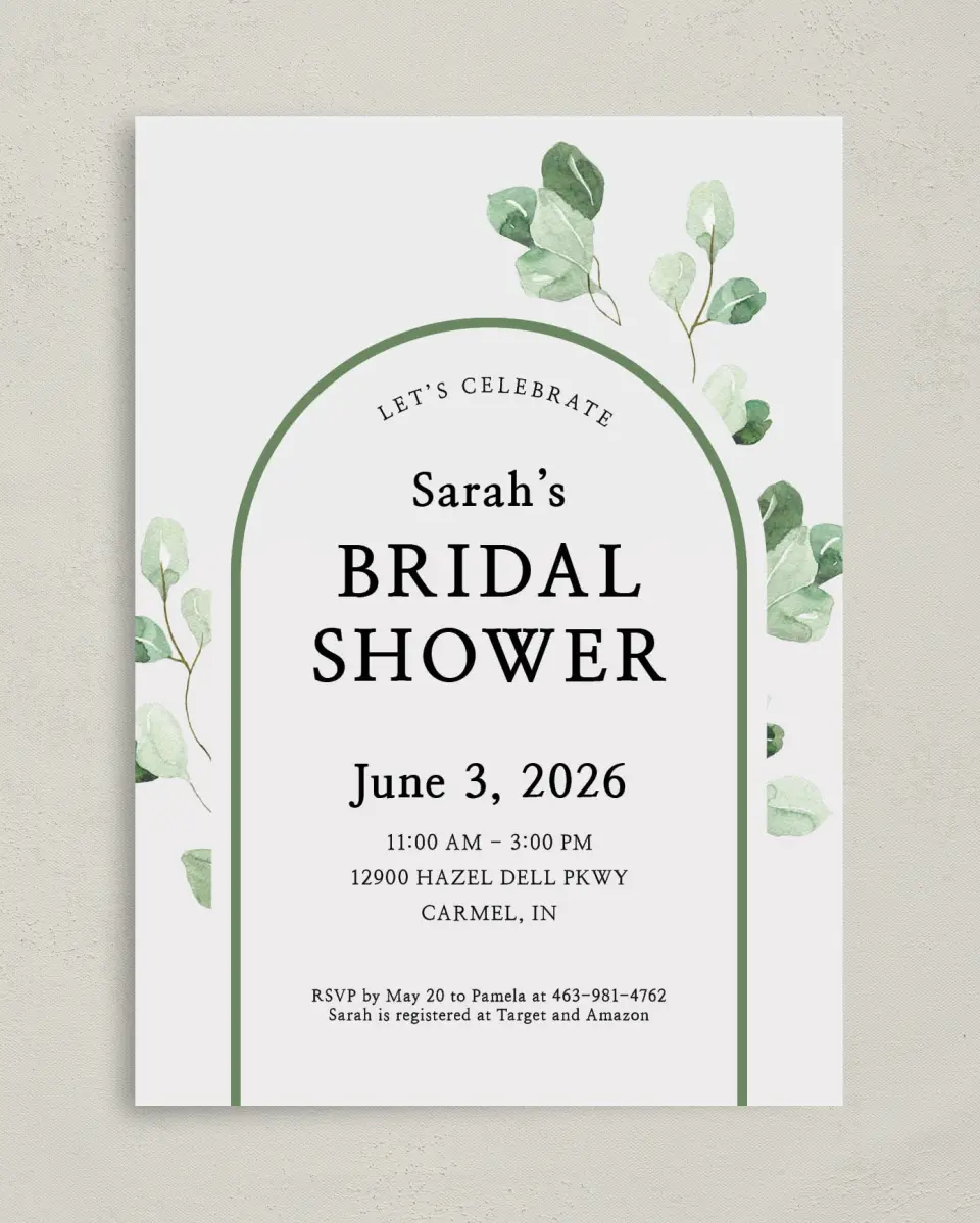 This is a 5" x 7" Bridal Shower Invitation called Mod Greenery printed in full color on Premium Smooth paper