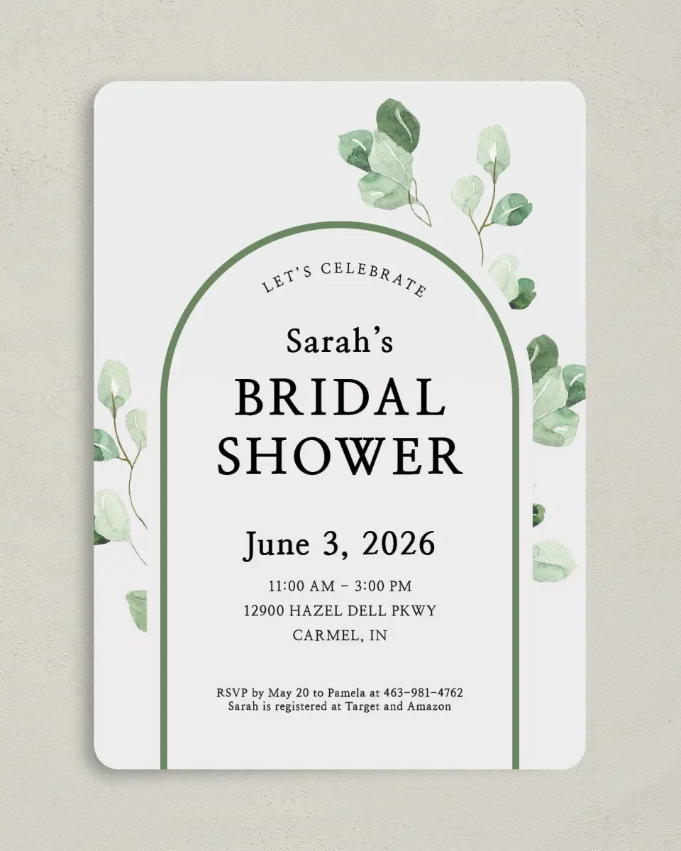 This is a 5" x 7" Bridal Shower Invitation called Mod Greenery printed in full color with Rose Gold foil on Luxe Satin (coated) paper