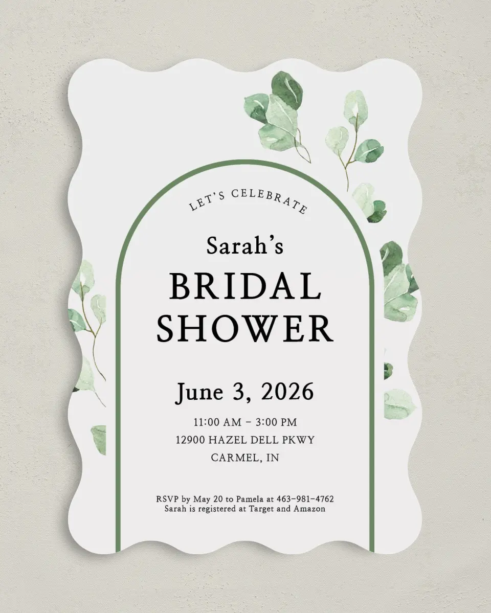 This is a 5" x 7" Bridal Shower Invitation called Mod Greenery printed in full color on Premium Smooth paper