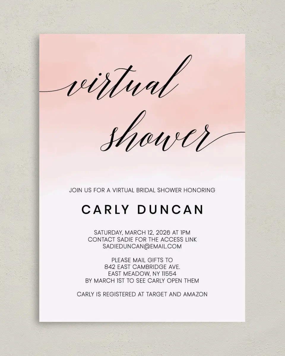 This is a 5" x 7" Bridal Shower Invitation called Virtual Celebration printed in full color on Premium Smooth paper
