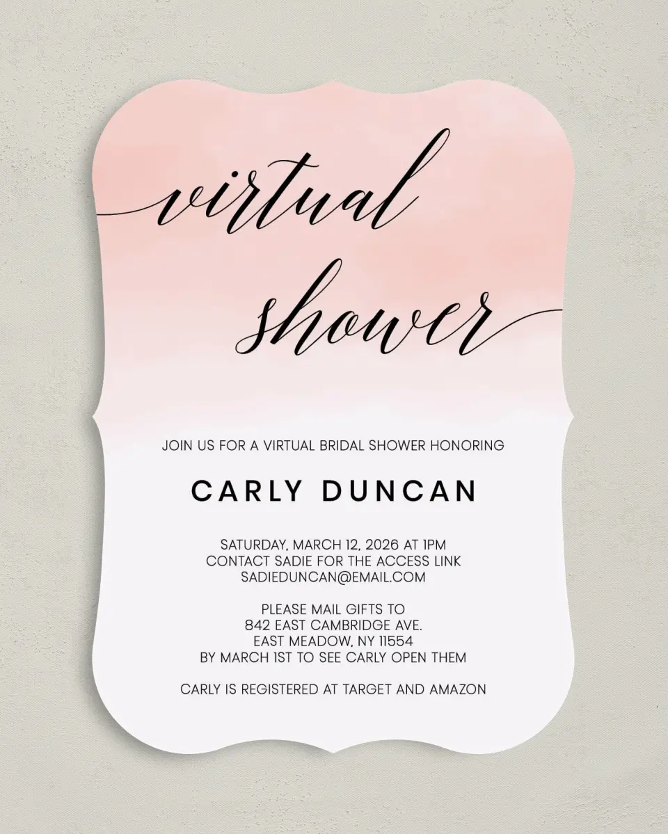 This is a 5" x 7" Bridal Shower Invitation called Virtual Celebration printed in full color on Premium Smooth paper