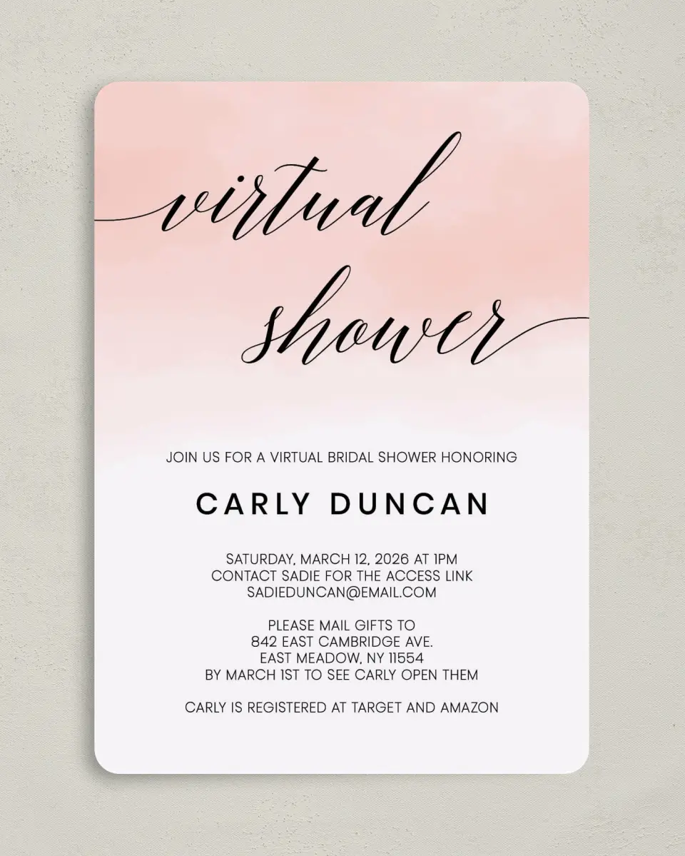 This is a 5" x 7" Bridal Shower Invitation called Virtual Celebration printed in full color with Silver foil on Luxe Satin (coated) paper