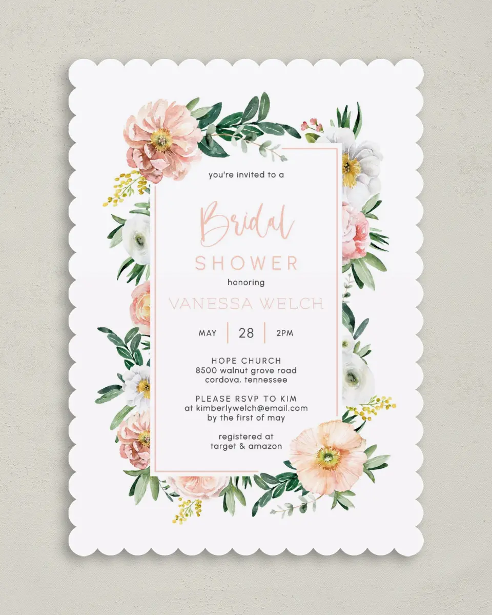 This is a 5" x 7" Bridal Shower Invitation called Pink Blossoms printed in full color on Premium Smooth paper
