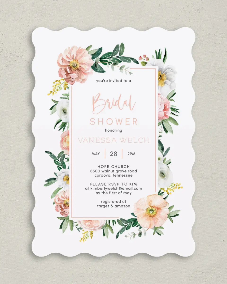 This is a 5" x 7" Bridal Shower Invitation called Pink Blossoms printed in full color with Rose Gold foil on Luxe Satin (coated) paper
