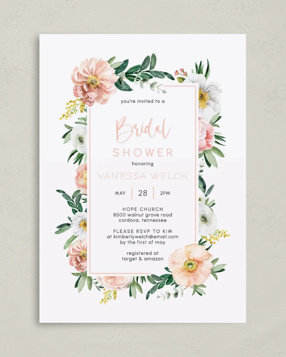 This is a 5" x 7" Bridal Shower Invitation called Pink Blossoms printed in full color on Premium Smooth paper