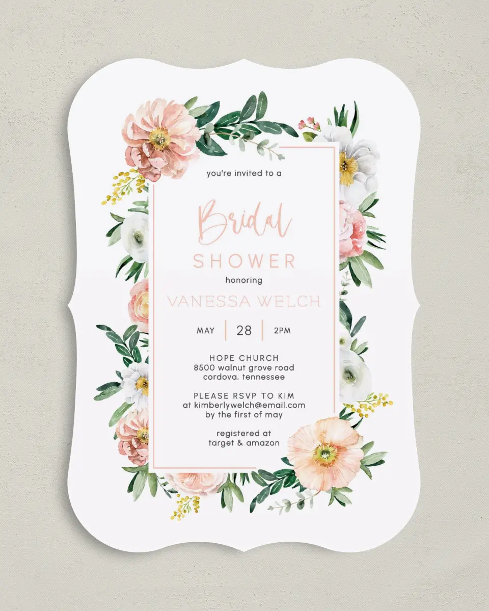 This is a 5" x 7" Bridal Shower Invitation called Pink Blossoms printed in full color with Rose Gold foil on Luxe Satin (coated) paper