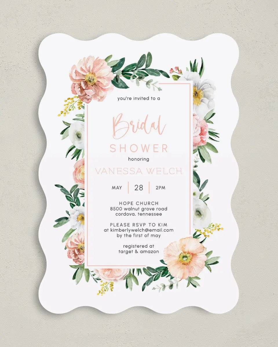 This is a 5" x 7" Bridal Shower Invitation called Pink Blossoms printed in full color on Premium Smooth paper
