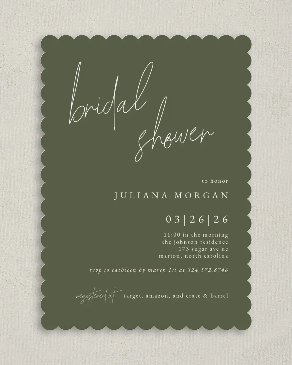This is a 5" x 7" Bridal Shower Invitation called Modern Bride printed in full color with Rose Gold foil on Luxe Satin (coated) paper