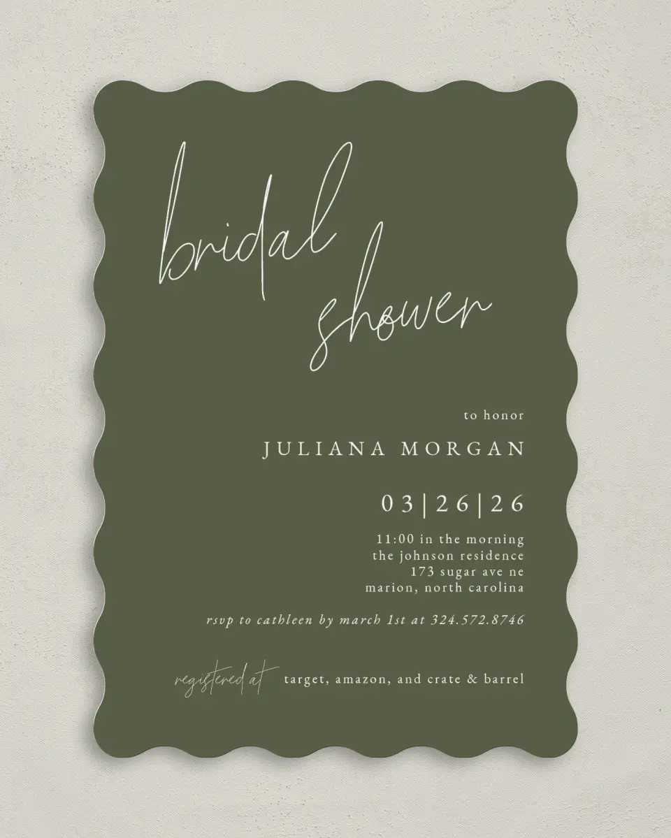 This is a 5" x 7" Bridal Shower Invitation called Modern Bride printed in full color with Rose Gold foil on Luxe Satin (coated) paper
