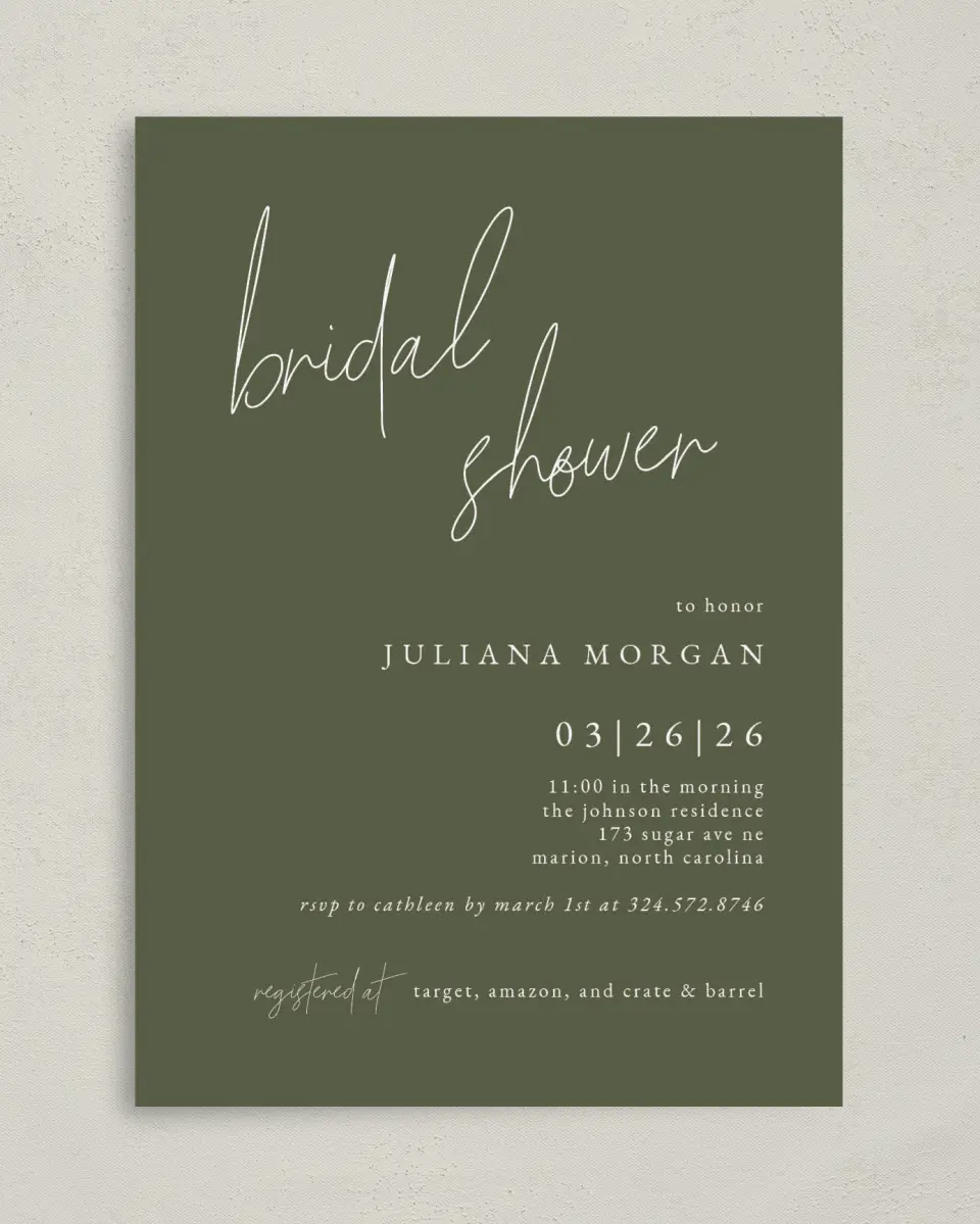This is a 5" x 7" Bridal Shower Invitation called Modern Bride printed in full color with Gold foil on Luxe Satin (coated) paper