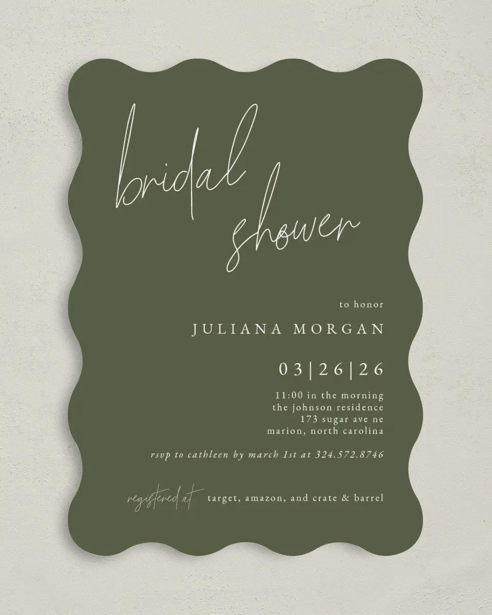 This is a 5" x 7" Bridal Shower Invitation called Modern Bride printed in full color with Gold foil on Luxe Satin (coated) paper