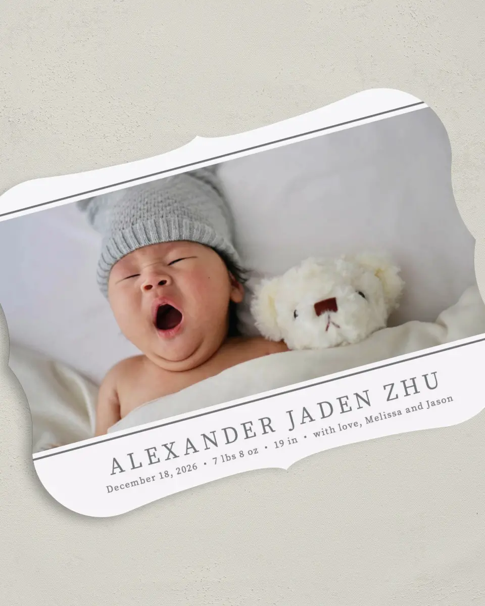 This is a 5" x 7" Birth Announcement Card called Fresh Debut printed in full color on Premium Smooth paper
