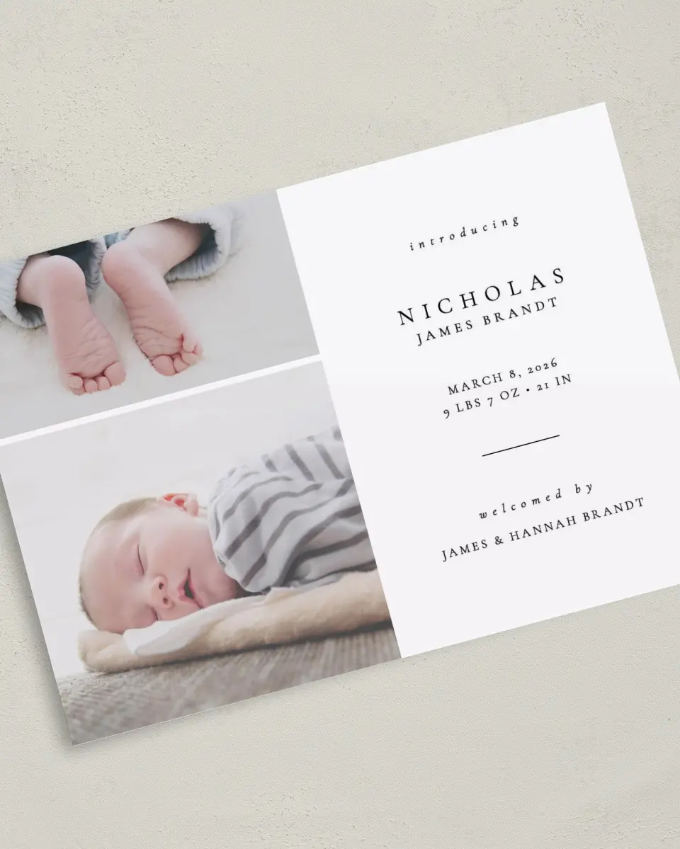 This is a 5" x 7" Birth Announcement Card called Our Newest Addition printed in full color with Silver foil on Luxe Satin (coated) paper