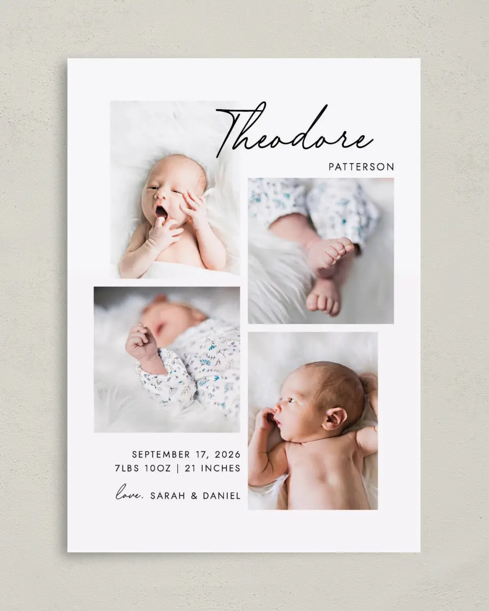 This is a 5" x 7" Birth Announcement Card called Precious Gallery printed in full color on Premium Smooth paper