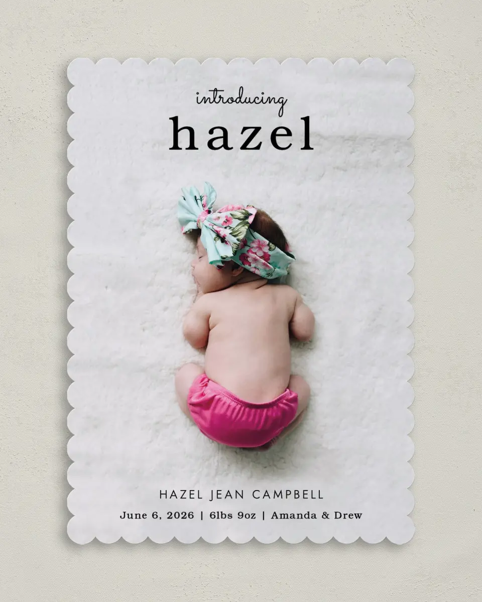 This is a 5" x 7" Birth Announcement Card called Special Name printed in full color on Premium Smooth paper