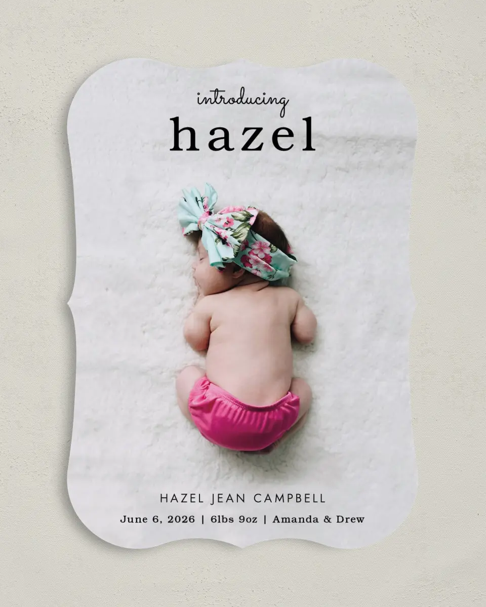 This is a 5" x 7" Birth Announcement Card called Special Name printed in full color on Premium Smooth paper
