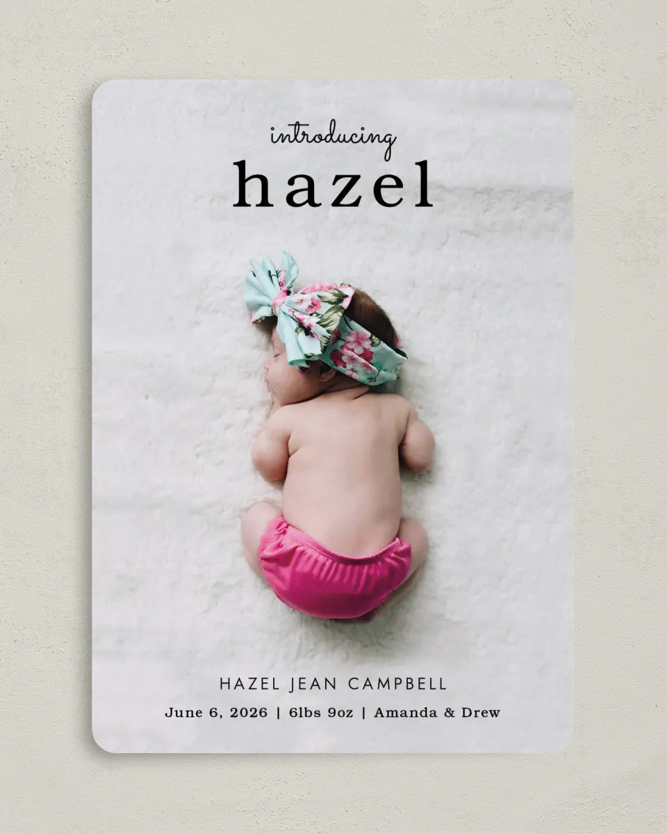 This is a 5" x 7" Birth Announcement Card called Special Name printed in full color on Premium Smooth paper
