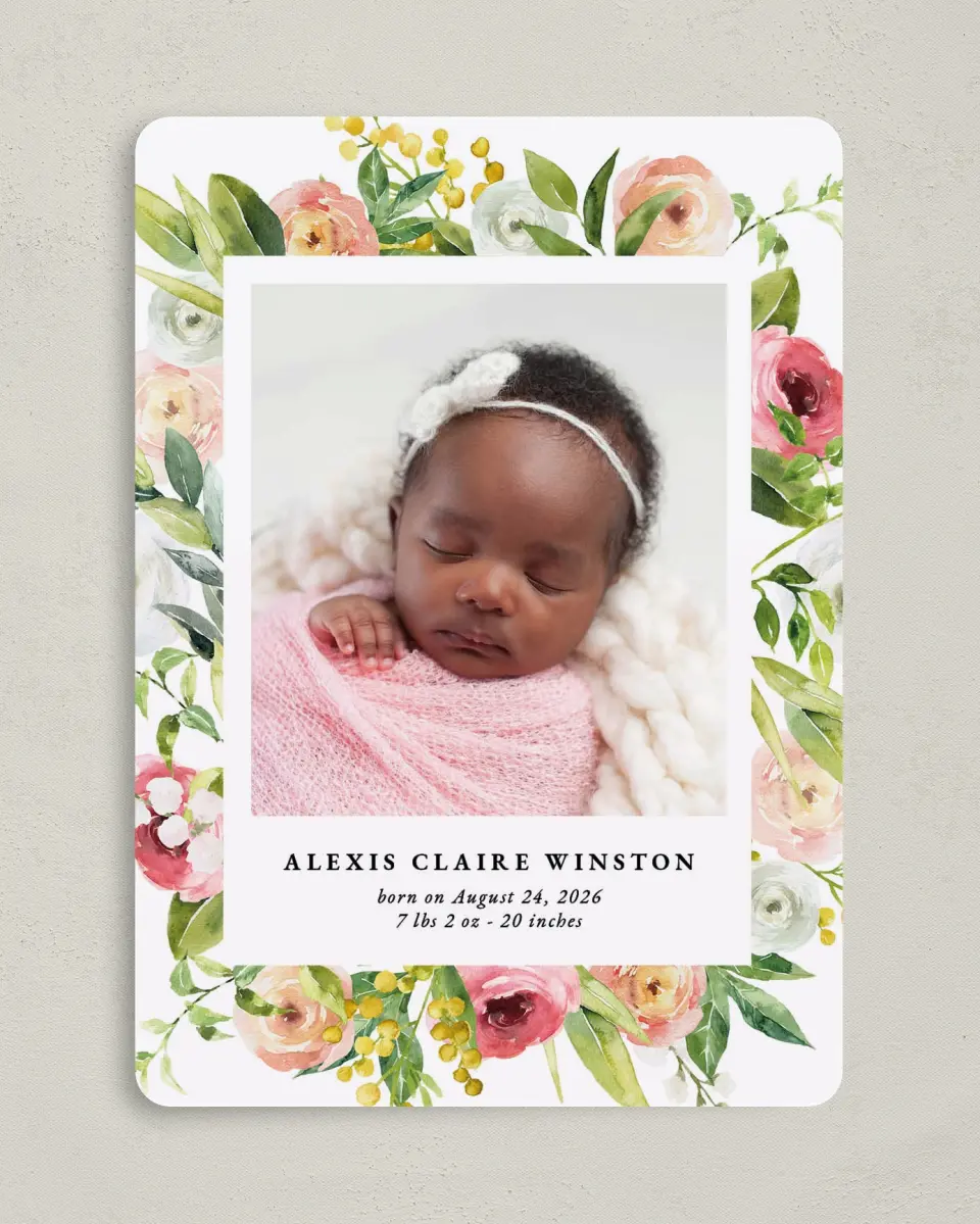 This is a 5" x 7" Birth Announcement Card called Floral Baby printed in full color with Silver foil on Luxe Satin (coated) paper