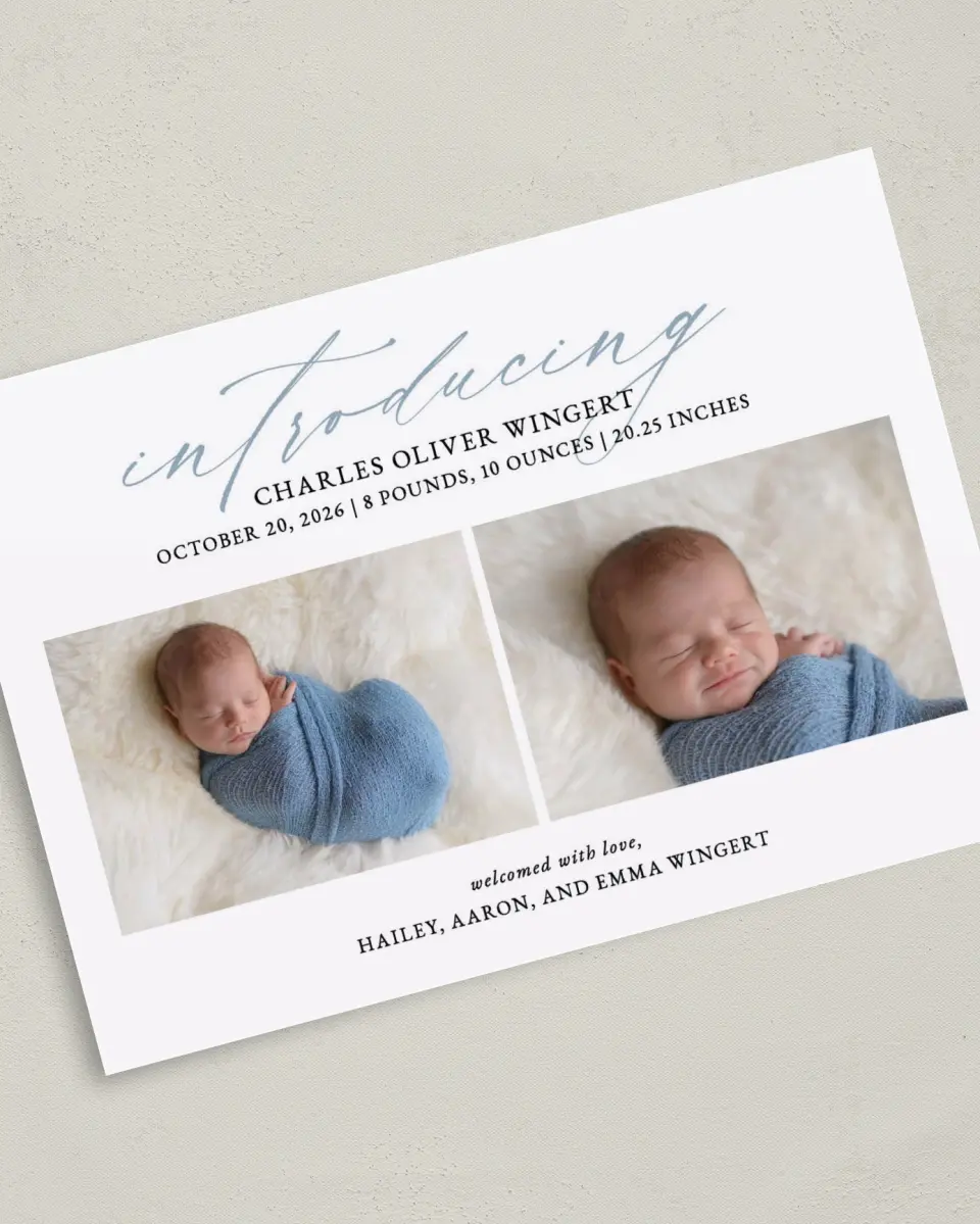 This is a 5" x 7" Birth Announcement Card called Big Introduction printed in full color with Silver foil on Luxe Satin (coated) paper