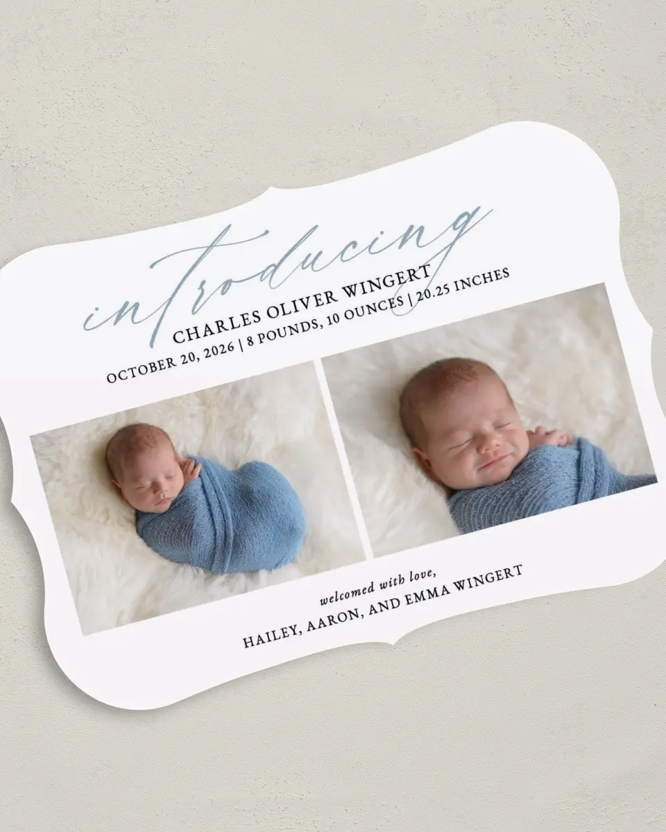 This is a 5" x 7" Birth Announcement Card called Big Introduction printed in full color on Premium Smooth paper