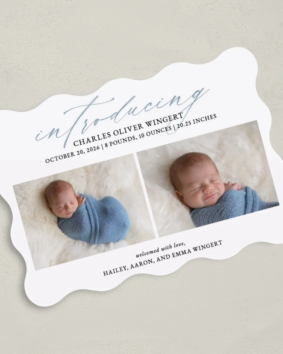 This is a 5" x 7" Birth Announcement Card called Big Introduction printed in full color with Gold foil on Luxe Satin (coated) paper