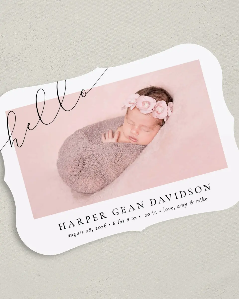 This is a 5" x 7" Birth Announcement Card called Sweet Hello printed in full color on Premium Smooth paper