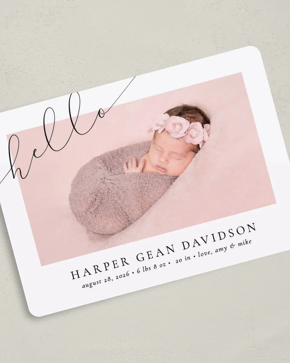 This is a 5" x 7" Birth Announcement Card called Sweet Hello printed in full color with Silver foil on Luxe Satin (coated) paper