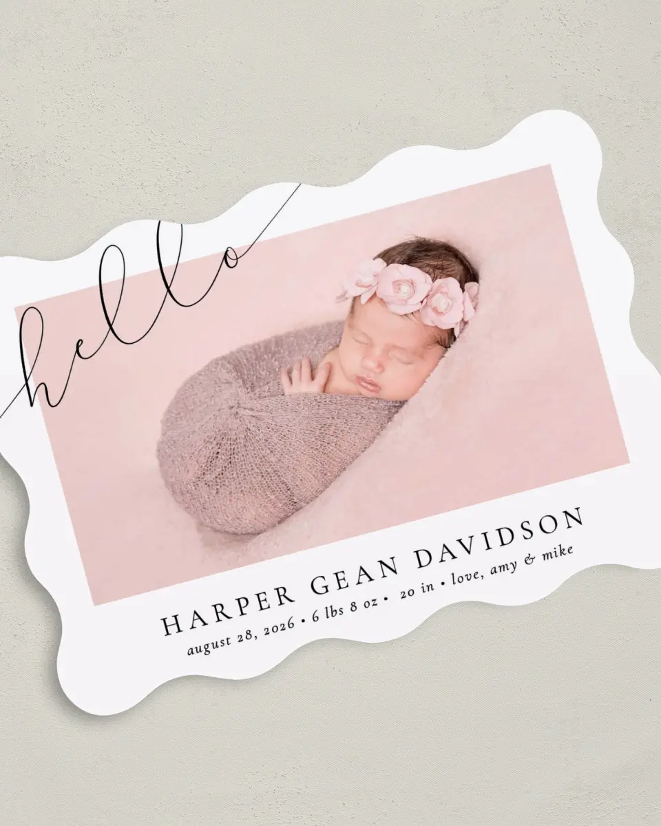 This is a 5" x 7" Birth Announcement Card called Sweet Hello printed in full color with Gold foil on Luxe Satin (coated) paper