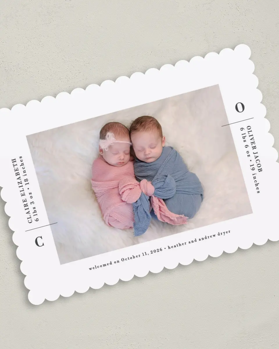 This is a 5" x 7" Birth Announcement Card called New Two printed in full color on Premium Smooth paper