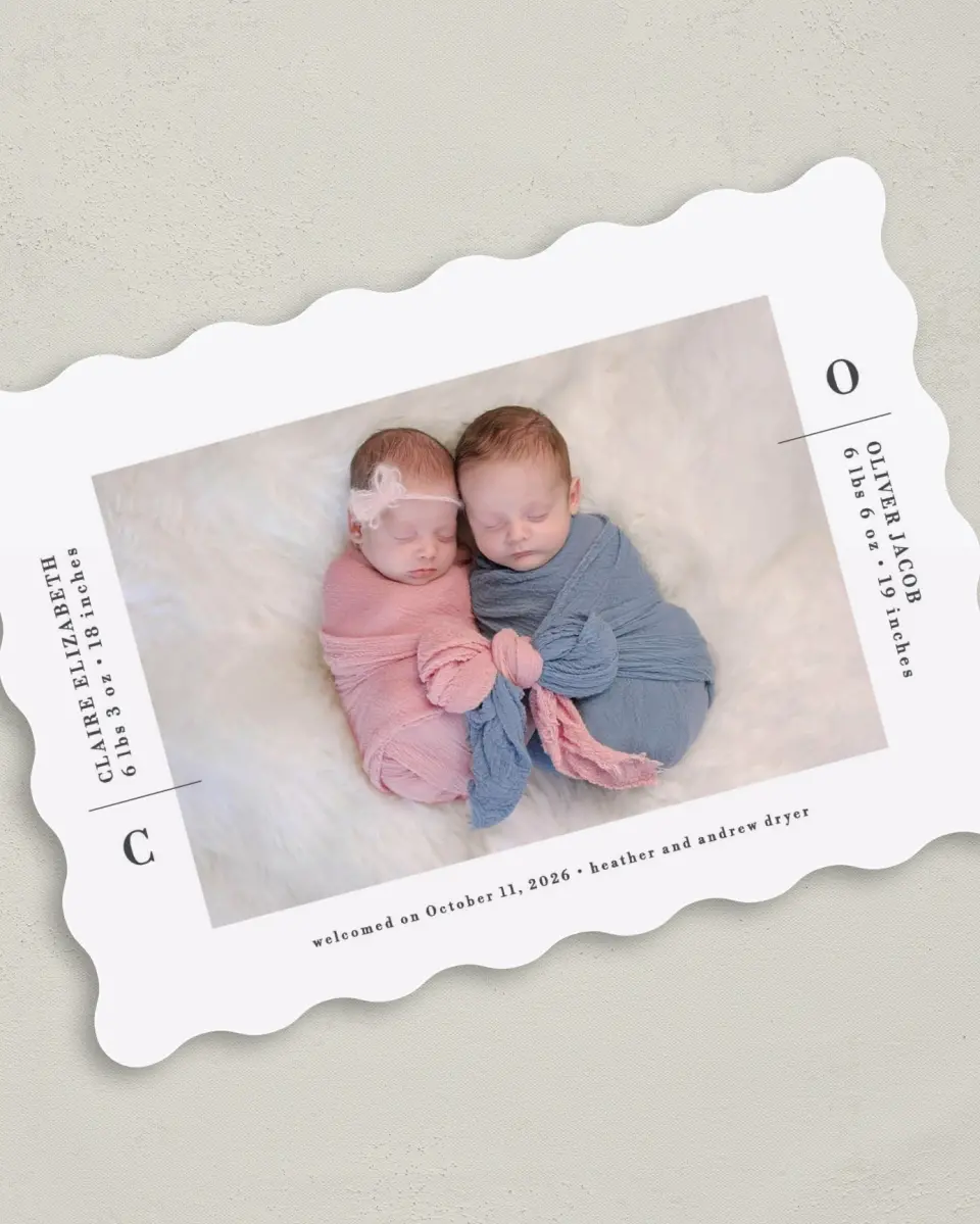This is a 5" x 7" Birth Announcement Card called New Two printed in full color on Premium Smooth paper