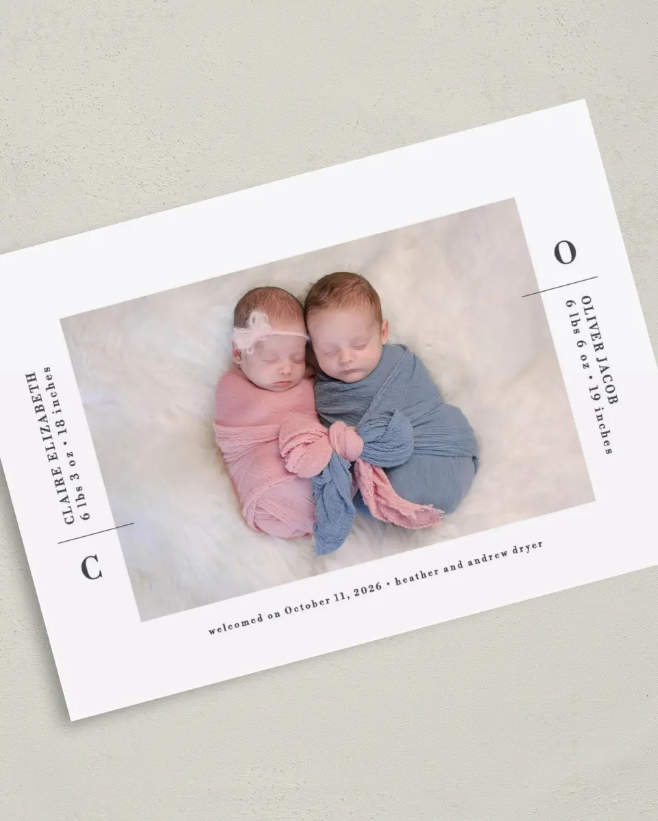 This is a 5" x 7" Birth Announcement Card called New Two printed in full color with Silver foil on Luxe Satin (coated) paper