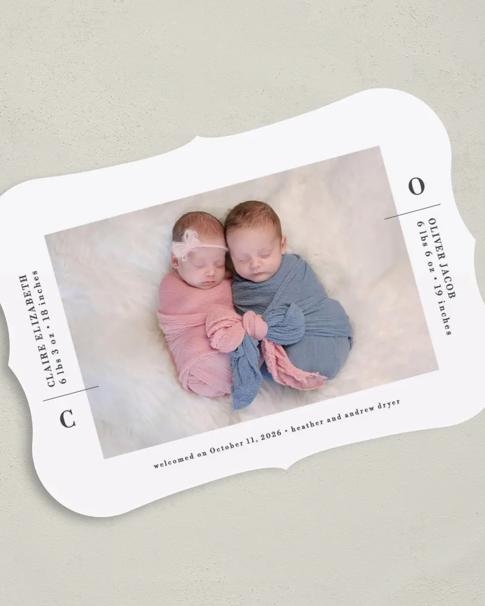 This is a 5" x 7" Birth Announcement Card called New Two printed in full color on Premium Smooth paper