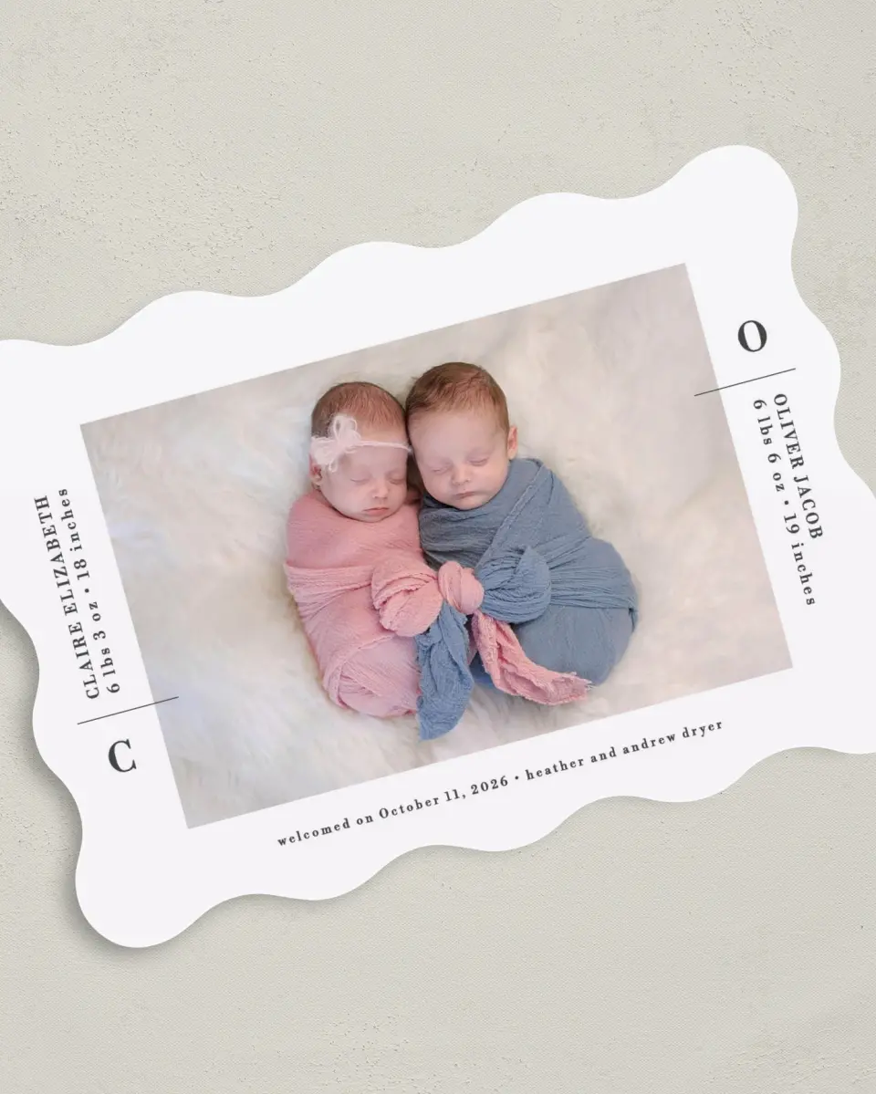 This is a 5" x 7" Birth Announcement Card called New Two printed in full color on Premium Smooth paper