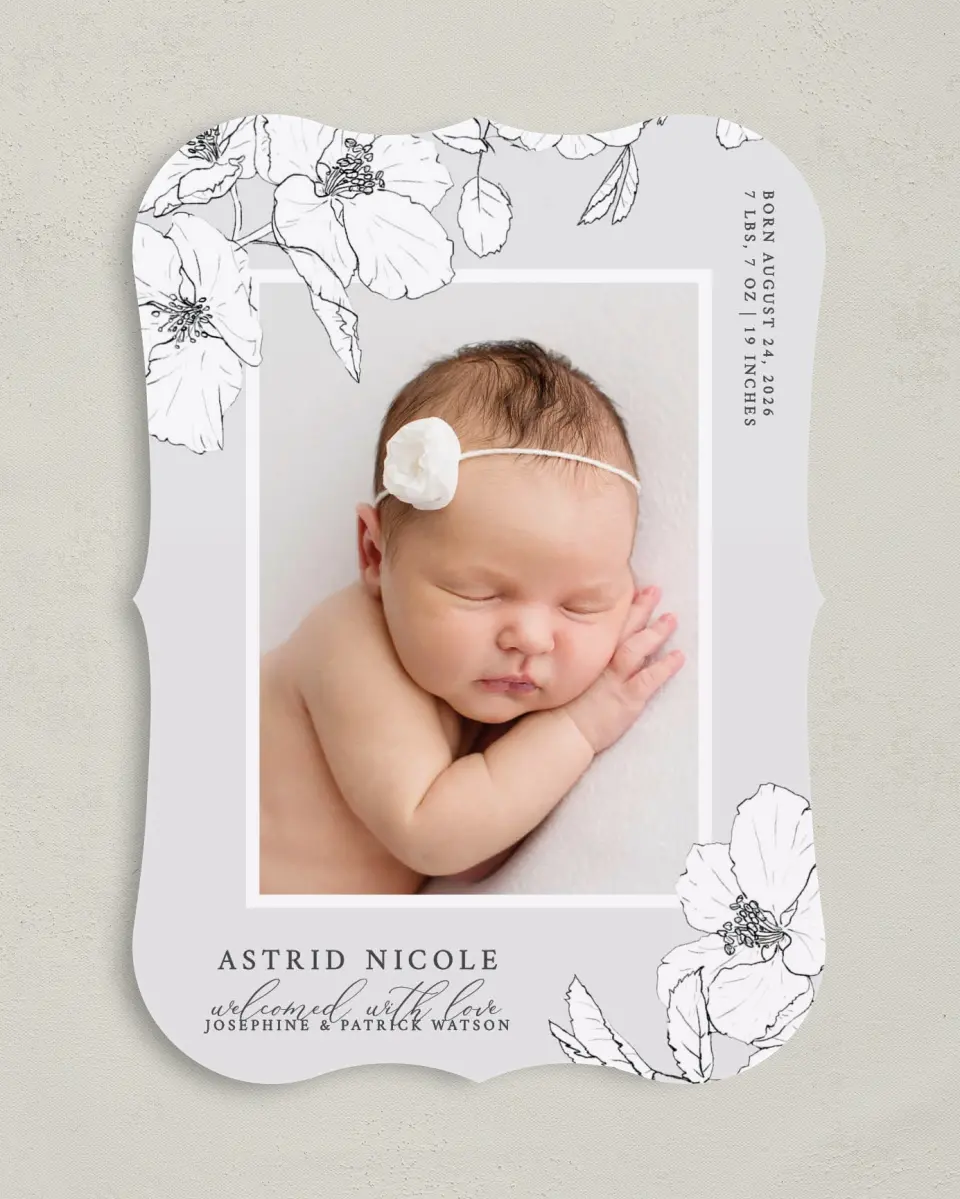 This is a 5" x 7" Birth Announcement Card called Baby Blossom printed in full color on Premium Smooth paper