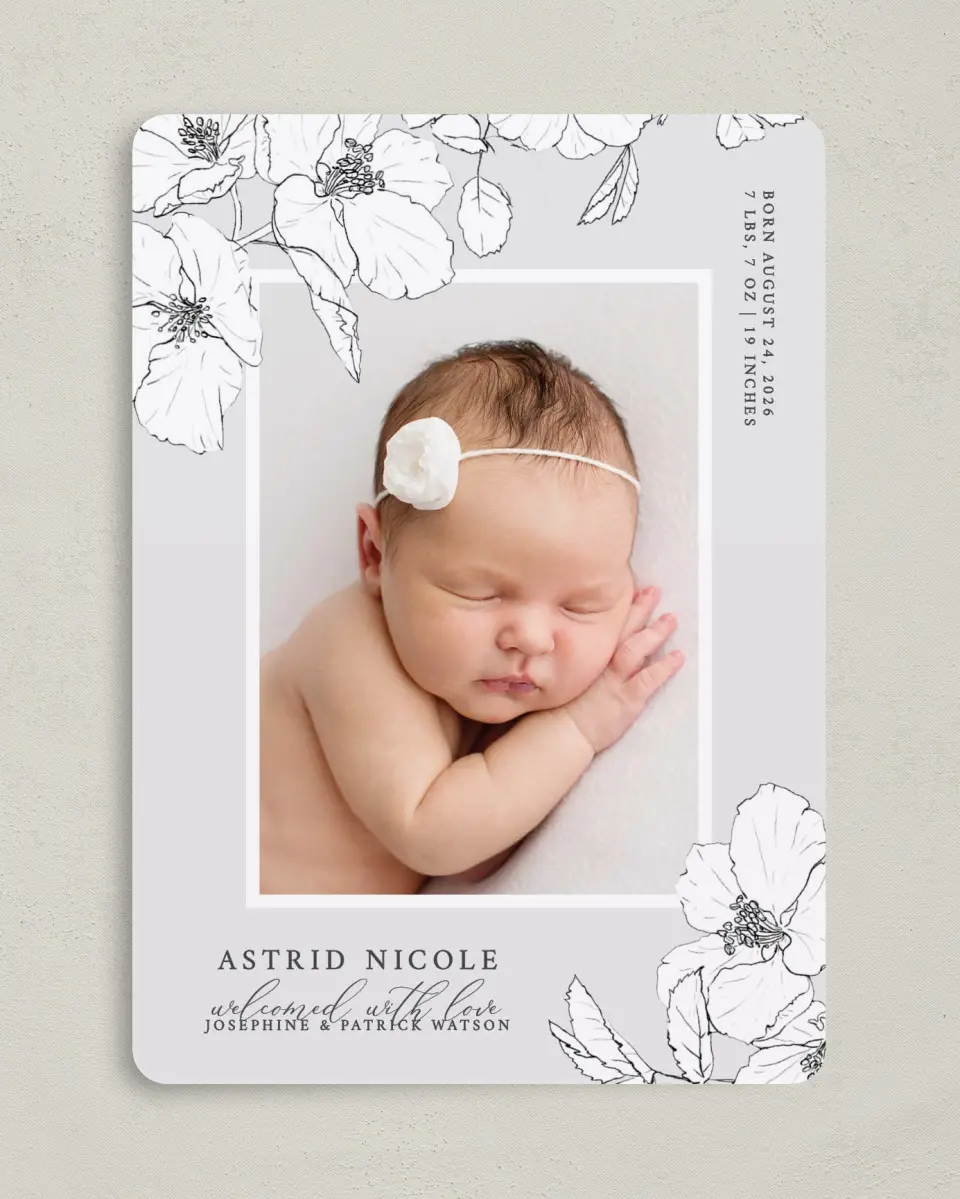 This is a 5" x 7" Birth Announcement Card called Baby Blossom printed in full color with Silver foil on Luxe Satin (coated) paper