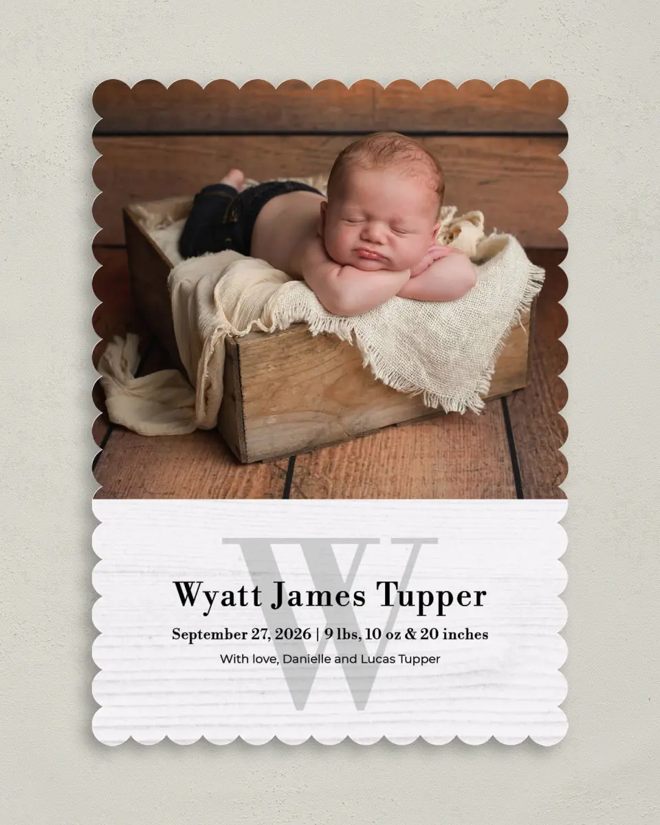 This is a 5" x 7" Birth Announcement Card called Rustic Welcome printed in full color on Premium Smooth paper