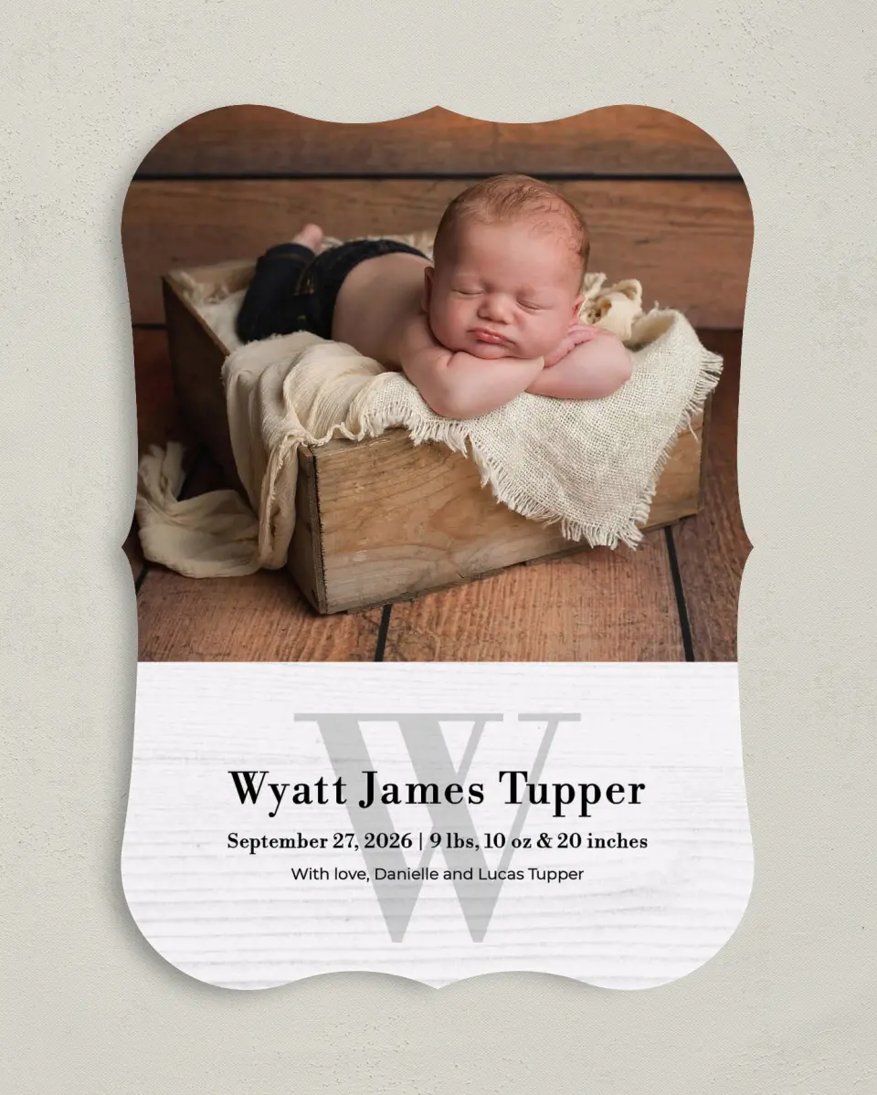 This is a 5" x 7" Birth Announcement Card called Rustic Welcome printed in full color on Premium Smooth paper