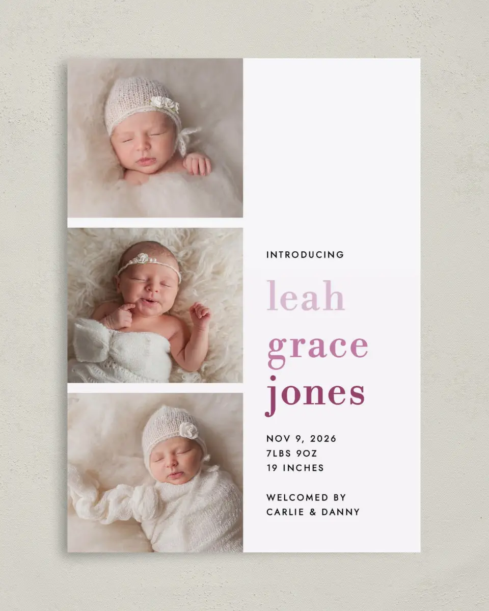This is a 5" x 7" Birth Announcement Card called Adorable Stack printed in full color on Premium Smooth paper