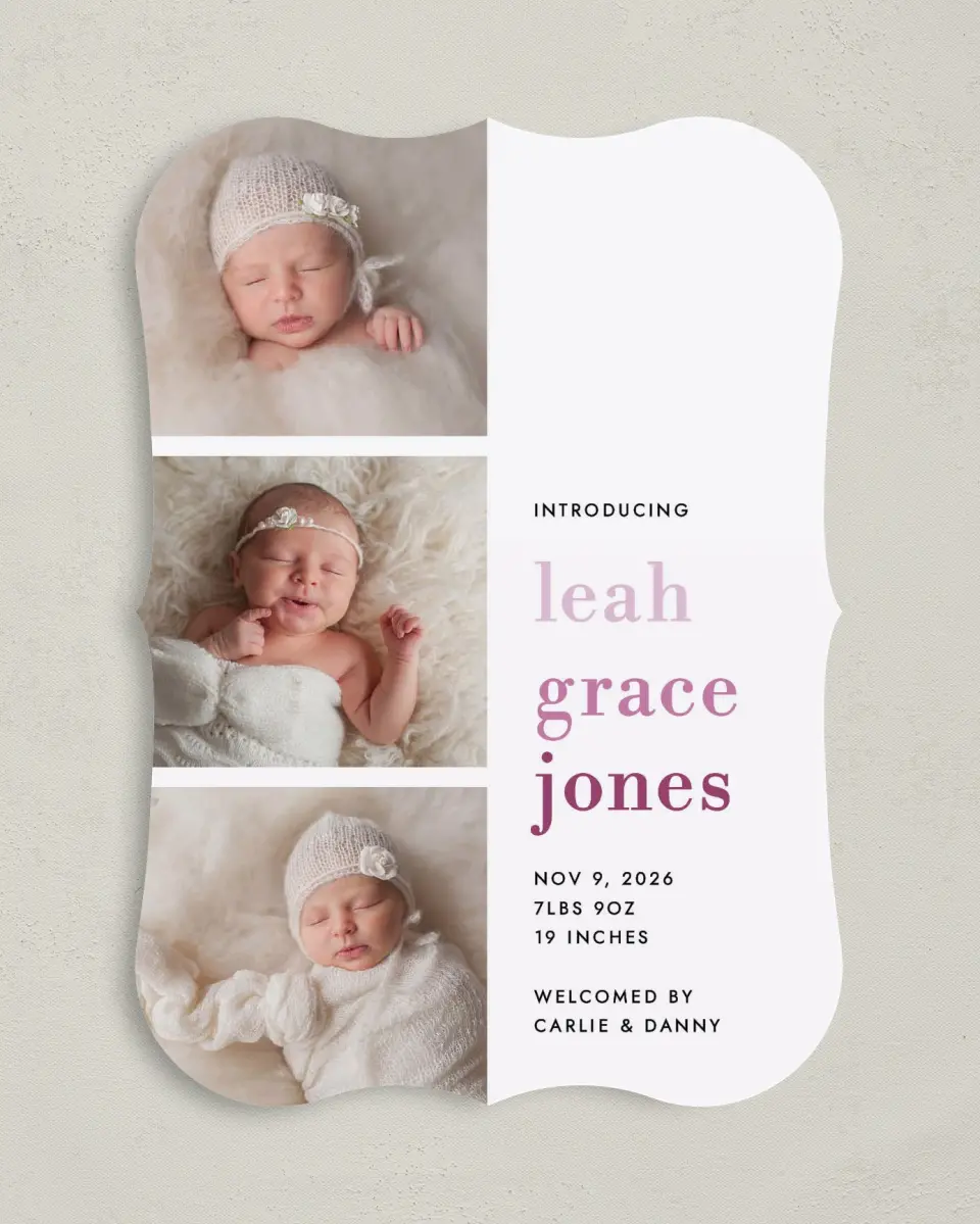 This is a 5" x 7" Birth Announcement Card called Adorable Stack printed in full color on Premium Smooth paper