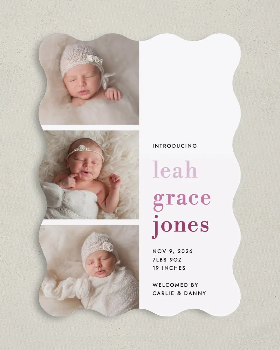 This is a 5" x 7" Birth Announcement Card called Adorable Stack printed in full color on Premium Smooth paper