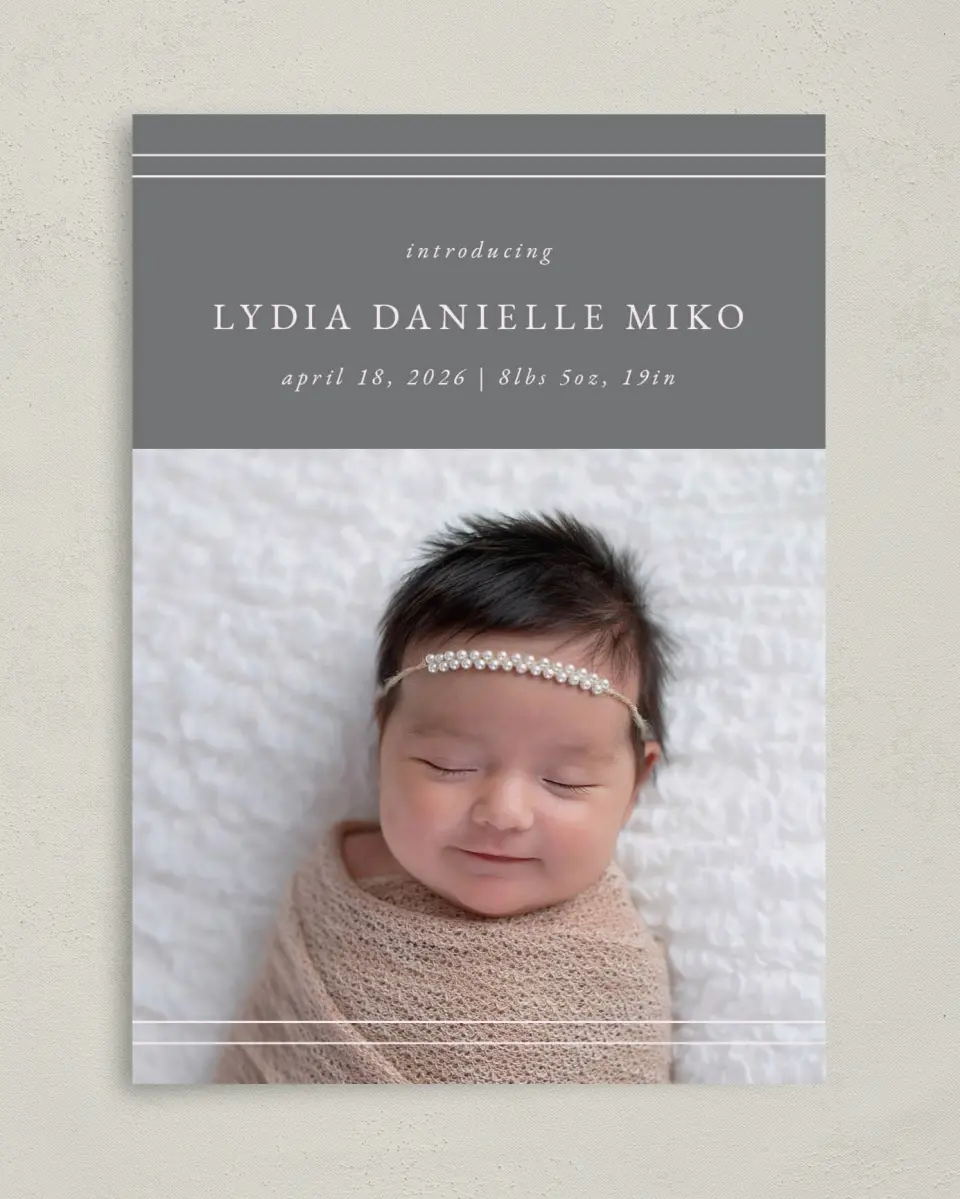 This is a 5" x 7" Birth Announcement Card called Simple Stripes printed in full color with Silver foil on Luxe Satin (coated) paper