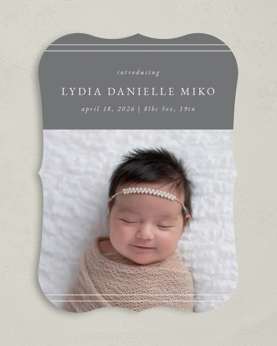 This is a 5" x 7" Birth Announcement Card called Simple Stripes printed in full color on Premium Smooth paper